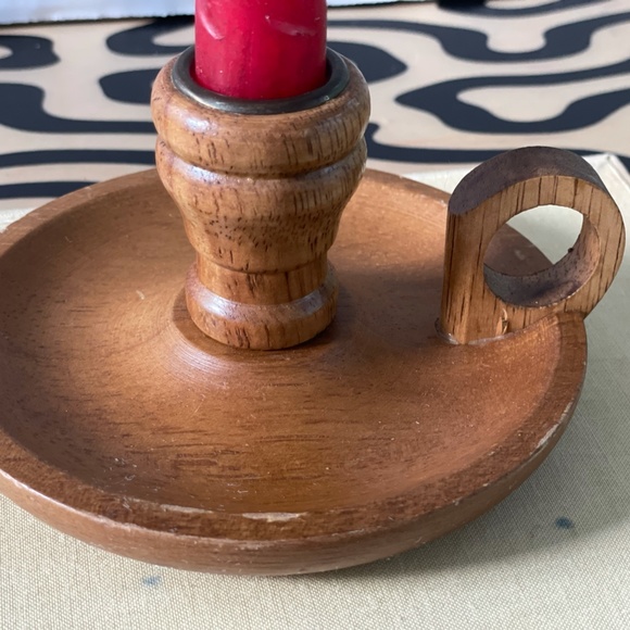 Vintage Wooden & Brass Candle Holder 5" & Twisted Red Candle 6" - Midcentury Mod - Picture 3 of 10
